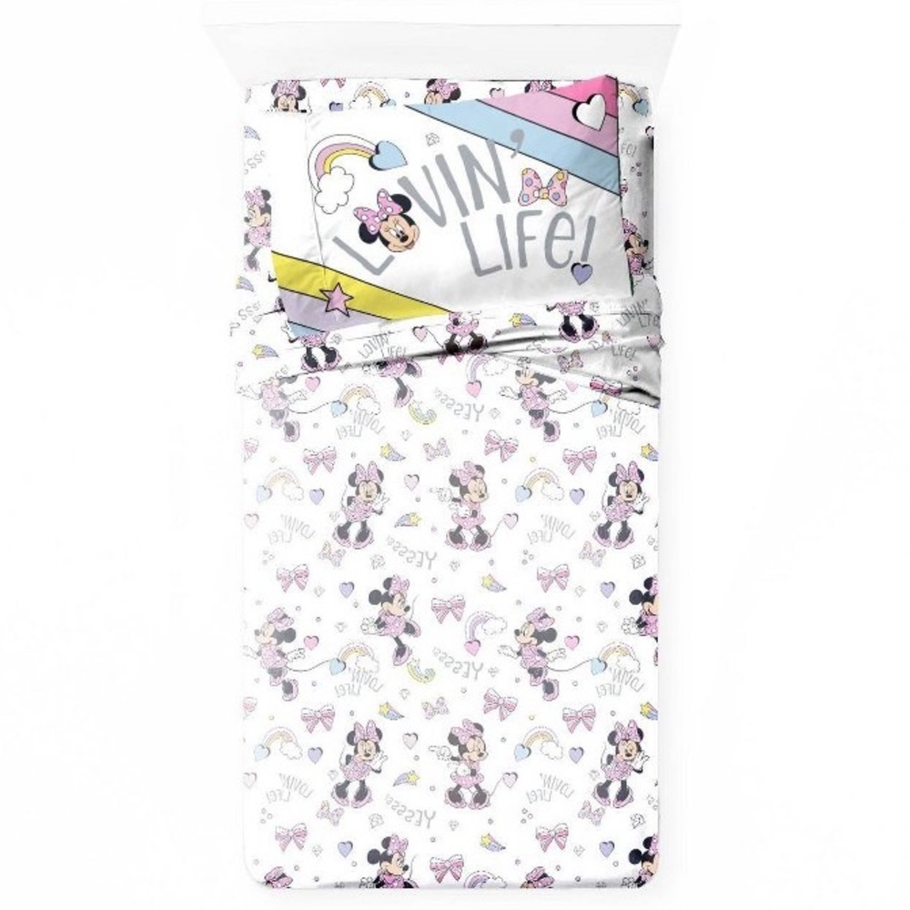 Disney Minnie Mouse Kids Bedding Twin Sheet Set White Pink Pllwcase Flat Fitted